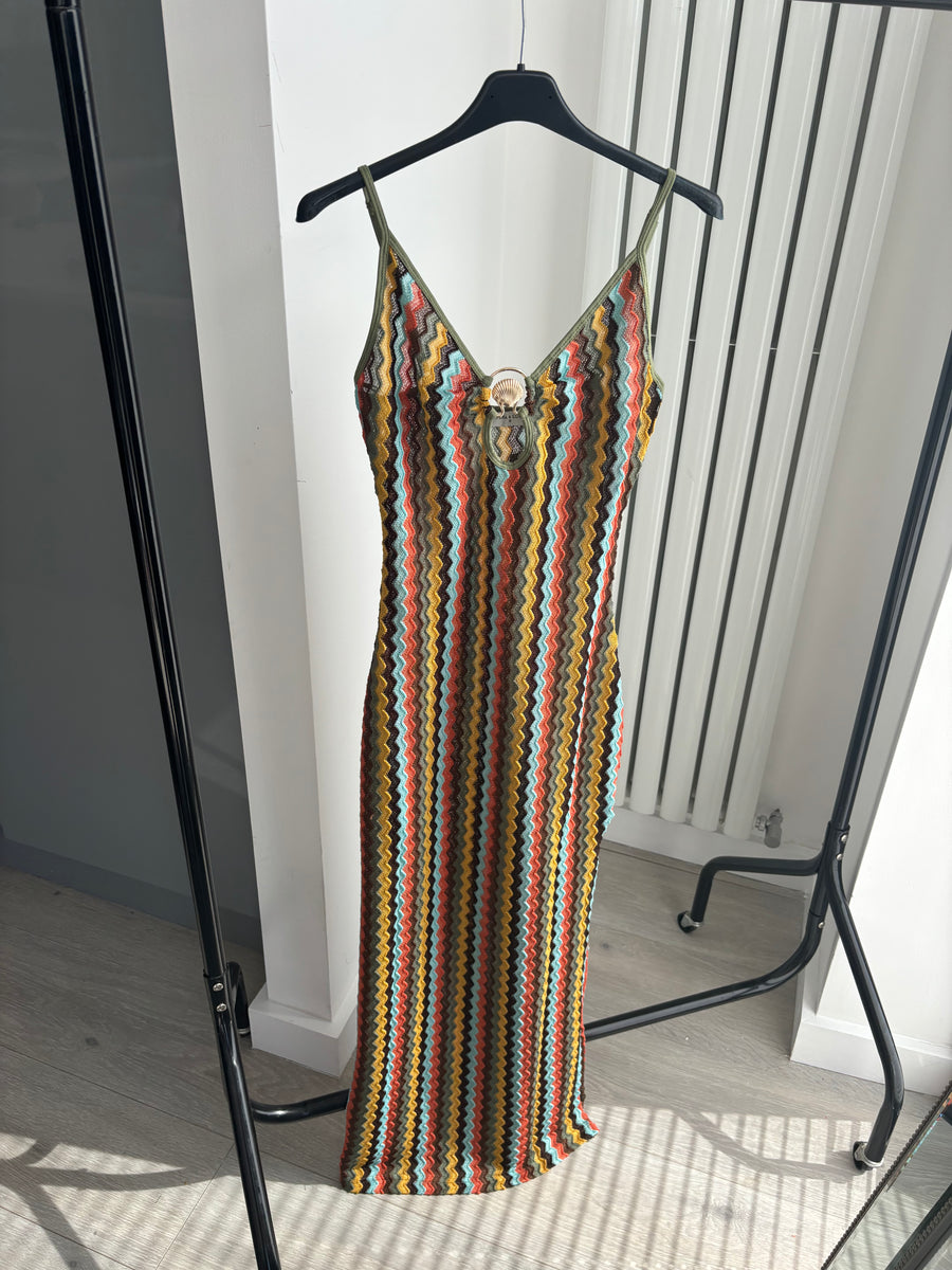 Missi zig zag gold shell detail cut out midi dress