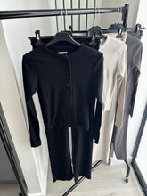 Load image into Gallery viewer, Mabel ribbed long sleeve button up detail top and trouser set - black