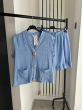 Load image into Gallery viewer, Caprice gold button front waistcoat and short set - blue