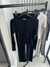 Load image into Gallery viewer, Mabel ribbed long sleeve button up detail top and trouser set - black