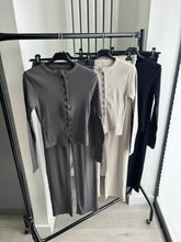 Load image into Gallery viewer, Mabel ribbed long sleeve button up detail top and trouser set - dark grey