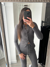 Load image into Gallery viewer, Mabel ribbed long sleeve button up detail top and trouser set - dark grey