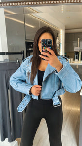 Sophie faux leather look cropped biker jacket - blue