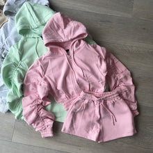 Load image into Gallery viewer, Adalyn ruched sleeve crop jacket and jogger shorts set - pink