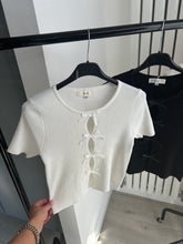 Load image into Gallery viewer, Georgie bow front cut out detail ribbed knit top - white