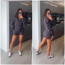 Load image into Gallery viewer, Adalyn ruched sleeve crop jacket and jogger shorts set - charcoal grey