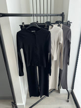 Load image into Gallery viewer, Mabel ribbed long sleeve button up detail top and trouser set - black