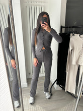 Load image into Gallery viewer, Mabel ribbed long sleeve button up detail top and trouser set - dark grey