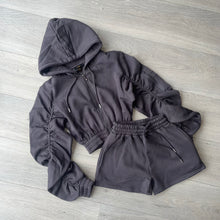 Load image into Gallery viewer, Adalyn ruched sleeve crop jacket and jogger shorts set - charcoal grey