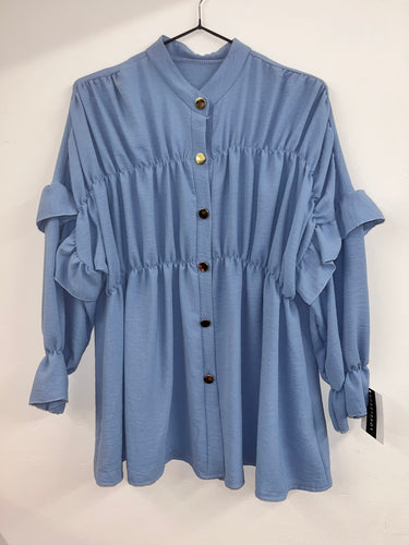 Frill sleeve button detail blouse - blue