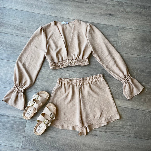 Carmella flare sleeve crop and shorts set - beige
