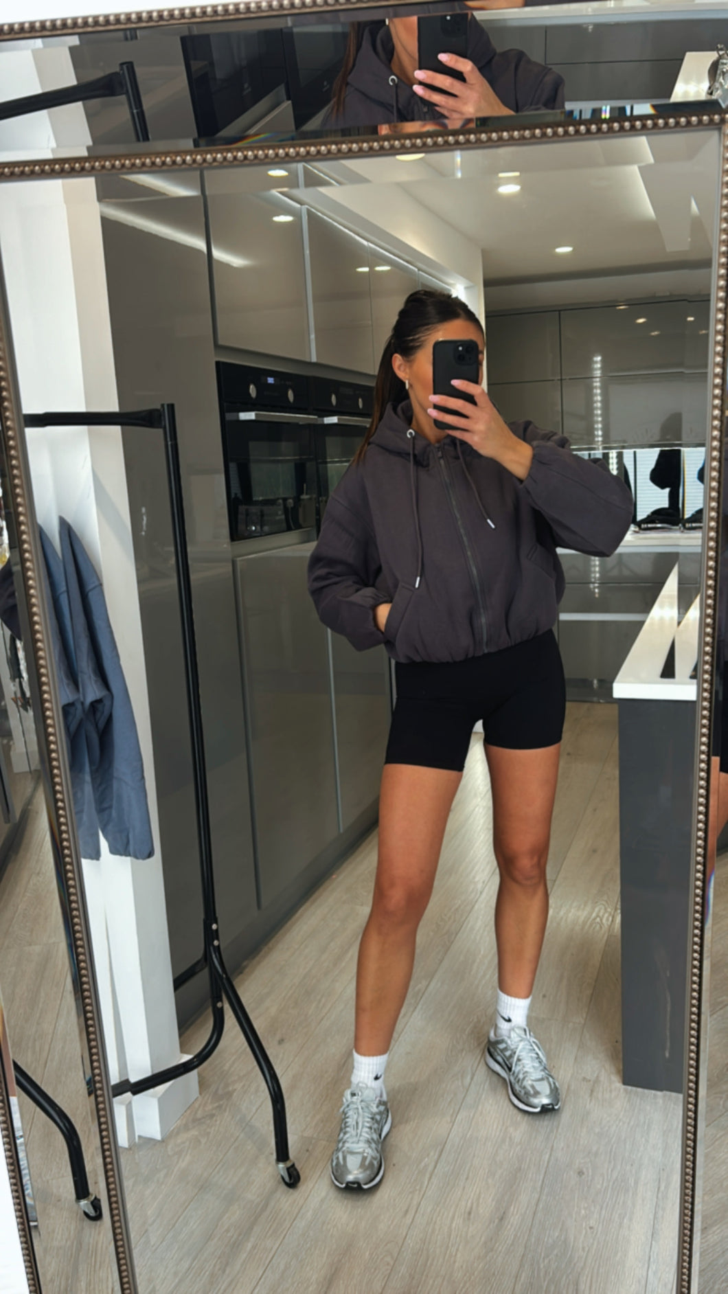Marisa bomber style cropped zip up hooded jacket - charcoal grey