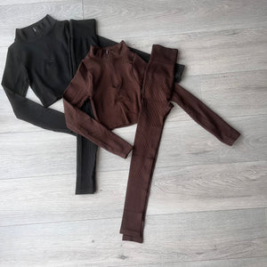 Carter 1/4 zip ribbed top and leggings set - chocolate brown