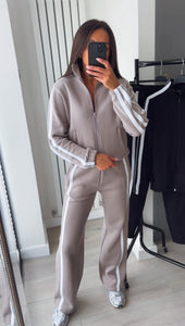 Libby stripe detail jogger and jacket set - taupe
