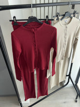 Load image into Gallery viewer, Mabel ribbed long sleeve button up detail top and wide leg trouser set - wine