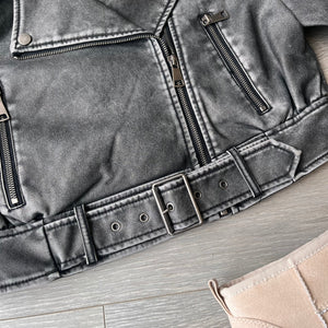 Sophie faux leather look cropped biker jacket - grey