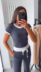Briony ribbed contrast detail top and trouser set - navy