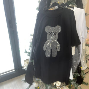 Teddy oversized diamanté sleeve tshirt dress - black