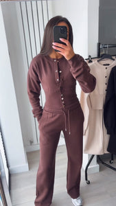 Chloe cinch waist long sleeve top and jogger set - chocolate brown