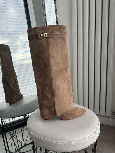 Ivey faux suede folded lock detail knee high boots - light tan