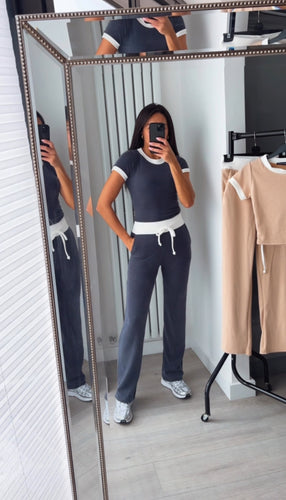 Briony ribbed contrast detail top and trouser set - navy