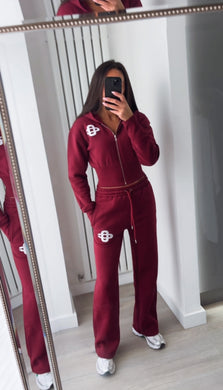Pia embroidered logo detail cinch waist jacket and jogger set -wine