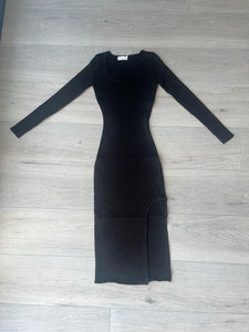 Jemma long sleeve thigh split knit dress - black