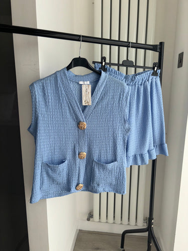 Caprice gold button front waistcoat and short set - blue