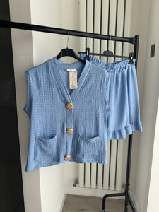 Caprice gold button front waistcoat and short set - blue