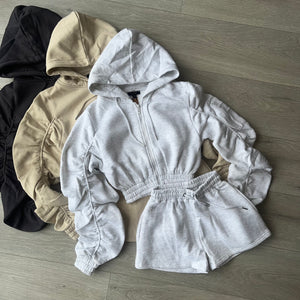 Adalyn ruched sleeve crop jacket and jogger shorts set - grey