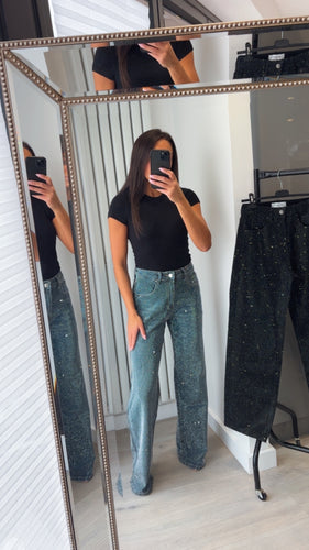 Bella full diamanté embellished straight leg denim jeans - indigo blue