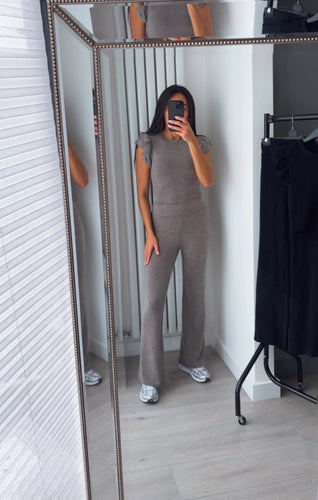 Naomi ribbed frill shoulder detail top and trouser set - chocolate
