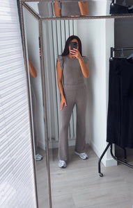 Naomi ribbed frill shoulder detail top and trouser set - chocolate