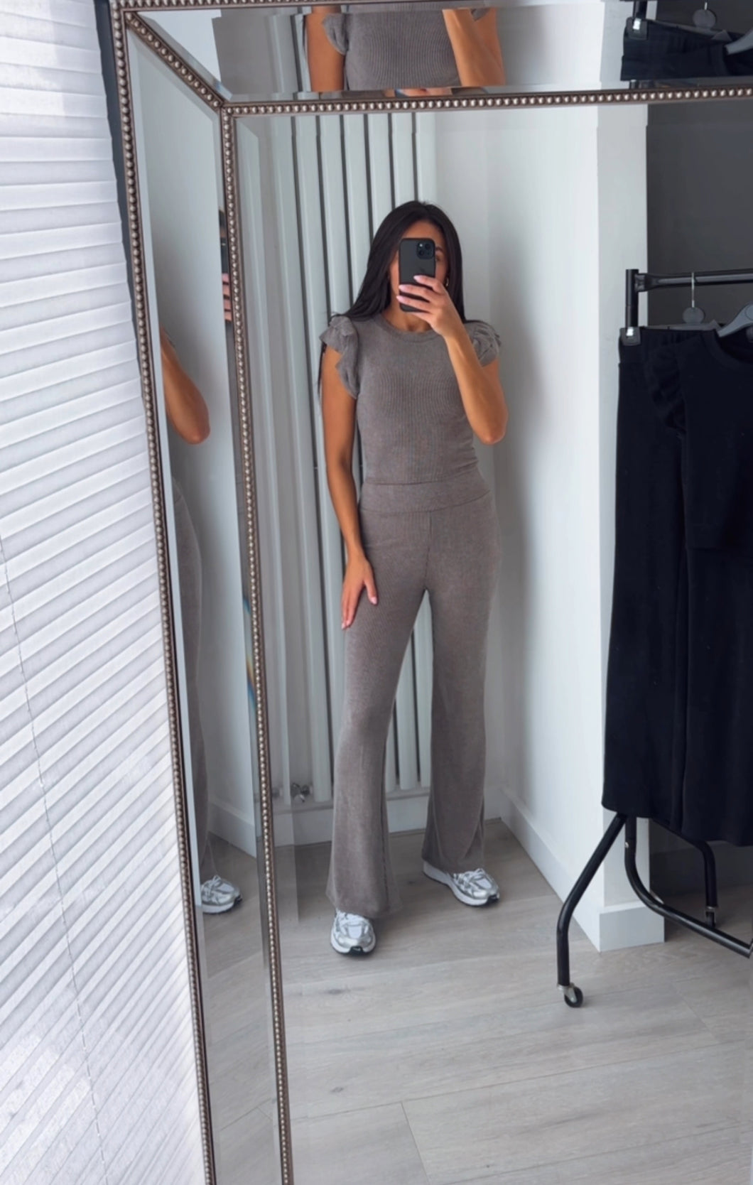 Naomi ribbed frill shoulder detail top and trouser set - chocolate