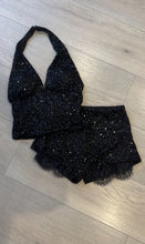 Load image into Gallery viewer, Danika sequin embellished top and lace trim short set - black