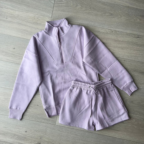 Anya quarter zip jumper and jogger shorts set - lilac