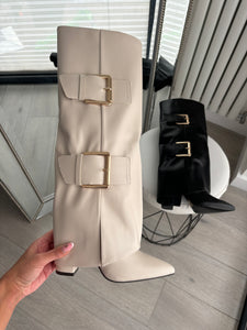 Cora folded buckle detail boots - beige