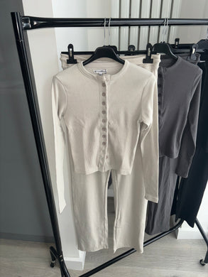 Mabel ribbed long sleeve button up detail top and wide leg trouser set - beige