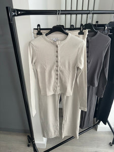 Mabel ribbed long sleeve button up detail top and trouser set - beige