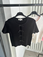 Load image into Gallery viewer, Georgie bow front cut out detail ribbed knit top - black