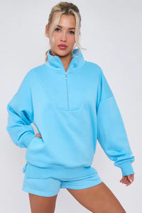 Anya quarter zip jumper and jogger shorts set - blue