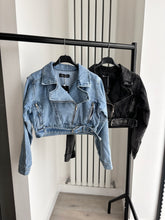 Load image into Gallery viewer, Marley cropped denim jacket with buckle belt detail