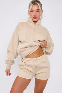 Anya quarter zip jumper and jogger shorts set - beige