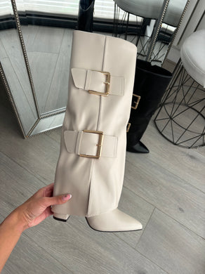 Cora folded buckle detail boots - beige