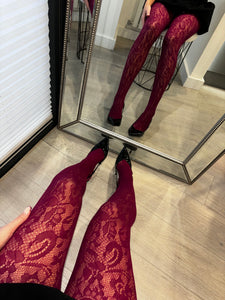 Burgundy lace tights