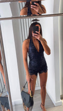 Load image into Gallery viewer, Danika sequin embellished top and lace trim short set - navy