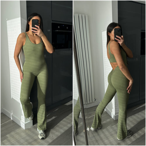 Khloe ruched bum cut out back flare leg jumpsuit - khaki