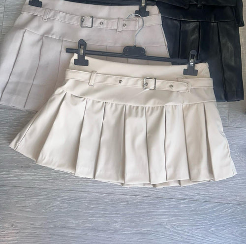 Kara pleated buckle detail skort - beige pu