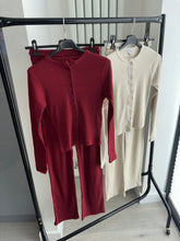 Load image into Gallery viewer, Mabel ribbed long sleeve button up detail top and wide leg trouser set - wine