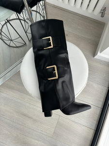 Cora folded buckle detail boots - black
